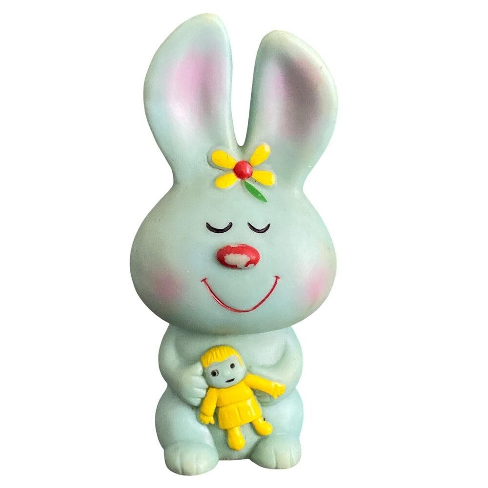 VTG Bunny Rabbit Doll Baby Squeak Toy Blue Green Soft Vinyl Rubber Easter